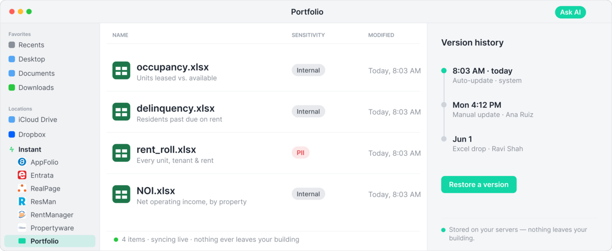 Instant file browser showing live, versioned files