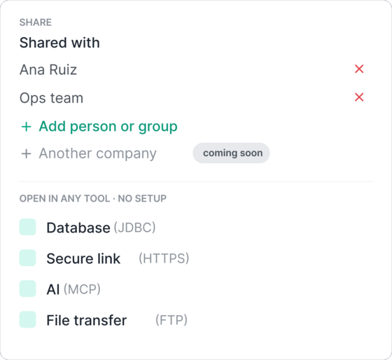Sharing menu: share with people or open in any tool